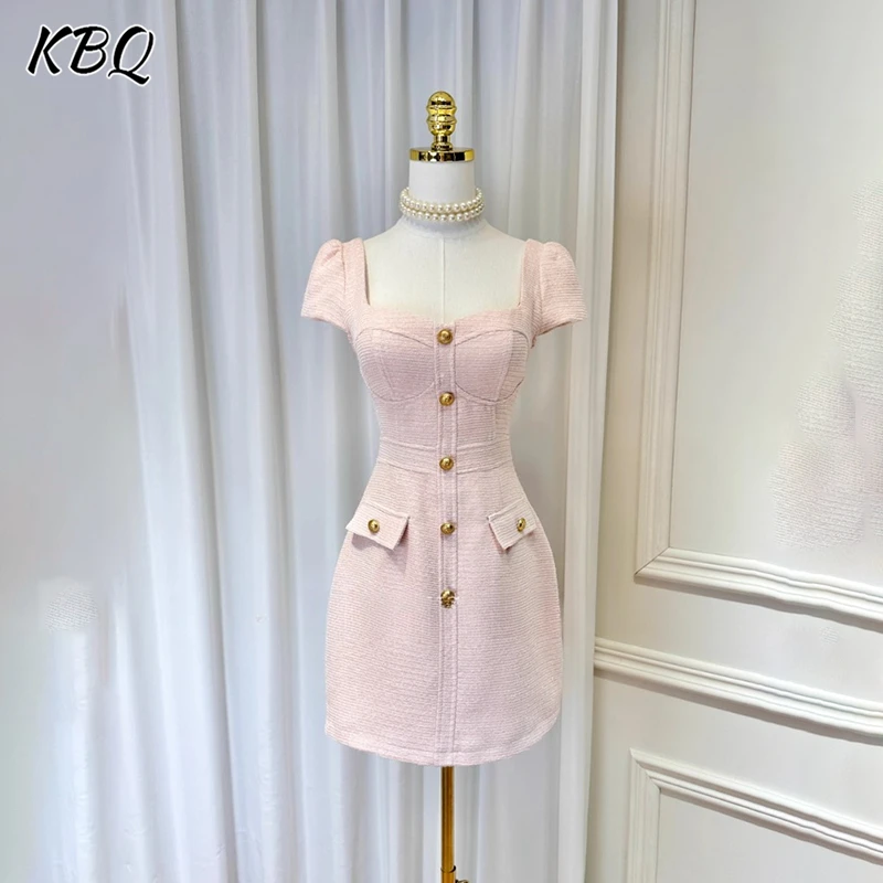 

KBQ French Slimming Solid Temperament Dresses For Women Square Collar Short Sleeve High Waist Spliced Button Dress Female New