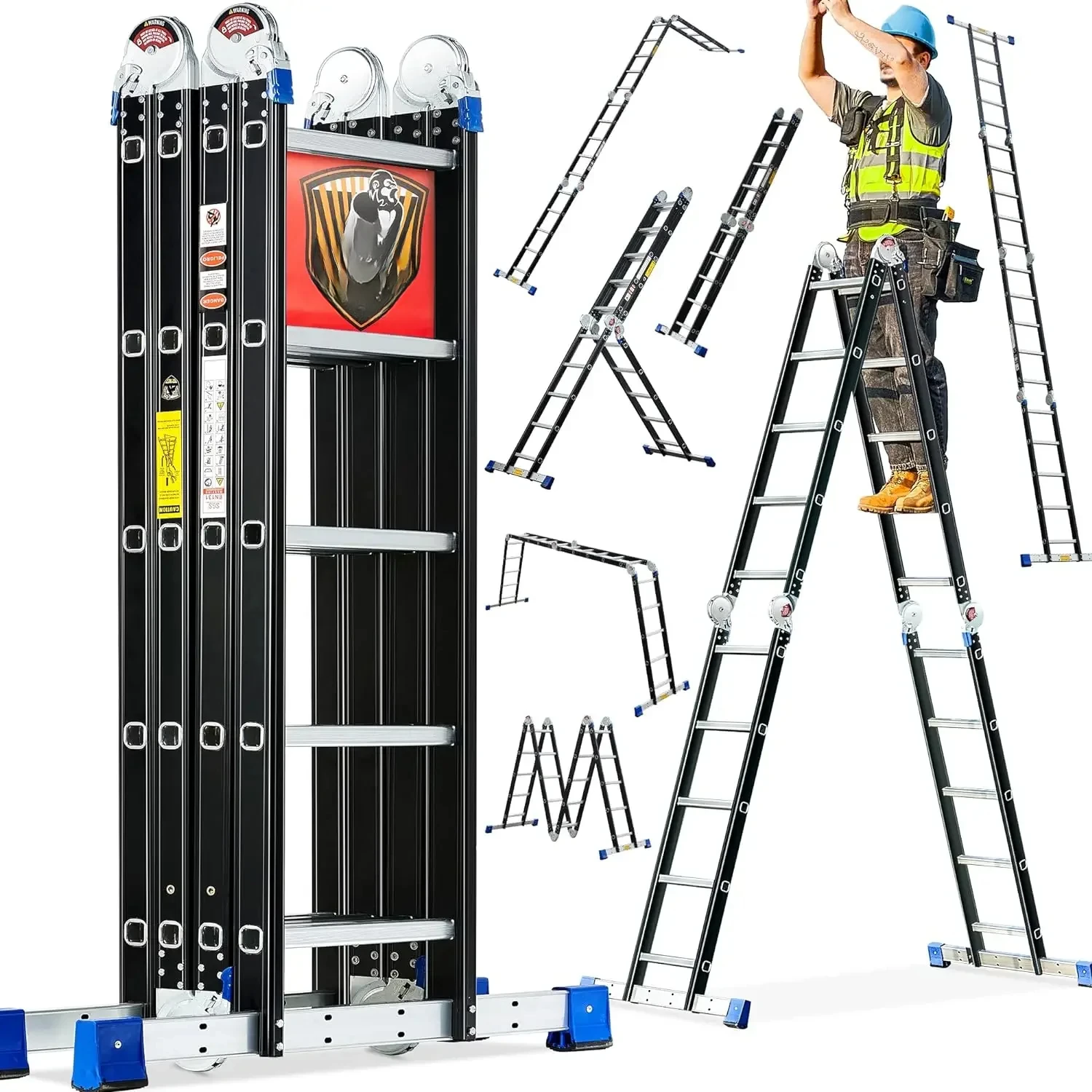 FREE SHIPPING.Folding Step Ladder, 19.6ft, 7 in 1 Multi-Purpose Folding Adjustable Telescoping Aluminium Extension Ladders, 330l