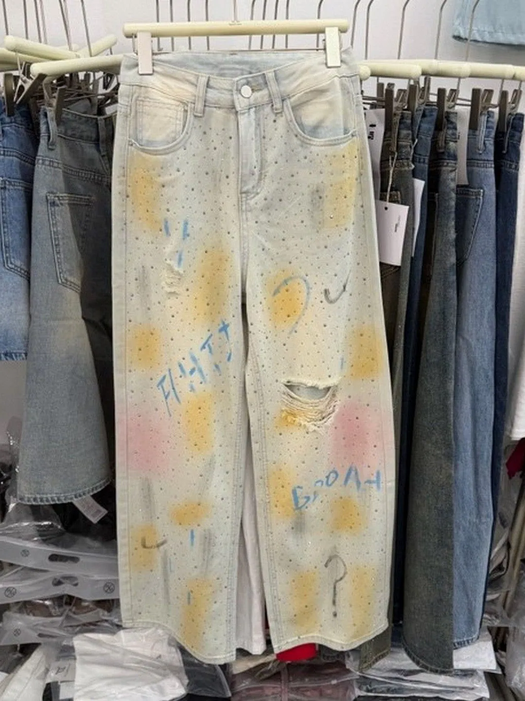 

Retro Faded Rhinestone Hole Denim Jeans Women's New Style Graffiti Design High Waist Wide Leg Straight Cut Casual Summer Jeans