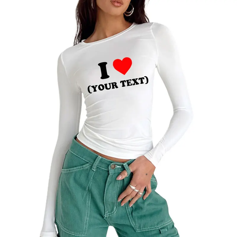 DIY Customize Your Text Couple Spring Autumn Women T-Shirt Causal Long Sleeve Crop Tops O Neck Pullovers Tees Slim Fit T Shirt