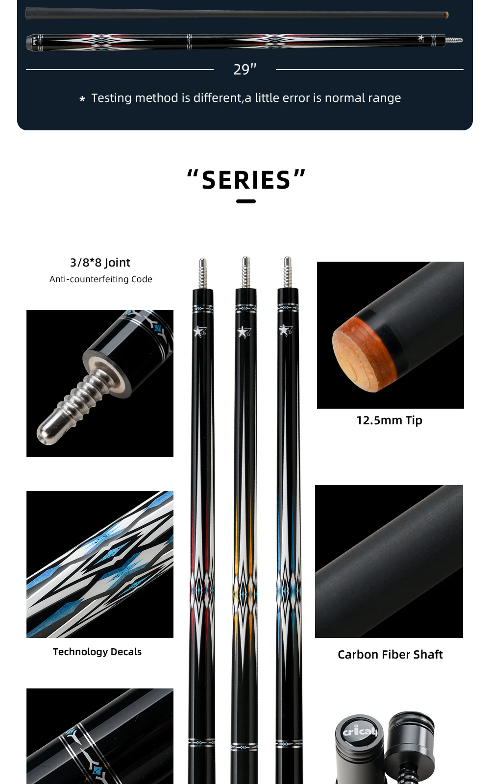 Billardqueue, Schaft aus Carbonfaser, Griff aus Hartholz, geringe Abweichung, 58 Zoll, 12,5 mm Spitze, 3/8x8 Verbindung, 8/9 Ball, CRICAL – Detail 3