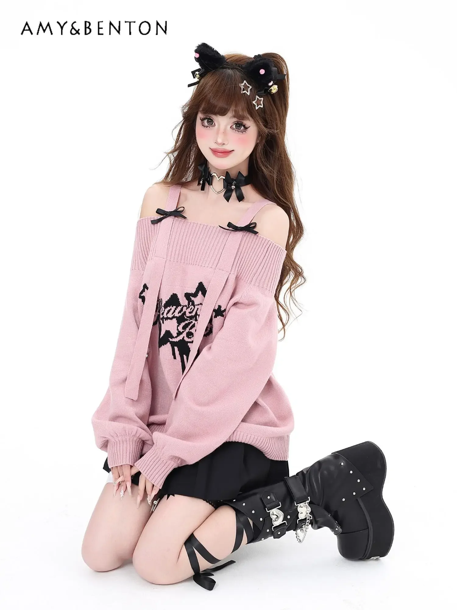 Sweet Bow Sexy Off Shoulder Sweater Women Autumn Winter New Hot Girl Y2K Oversized Sweater Harajuku Subculture Causal Pullover