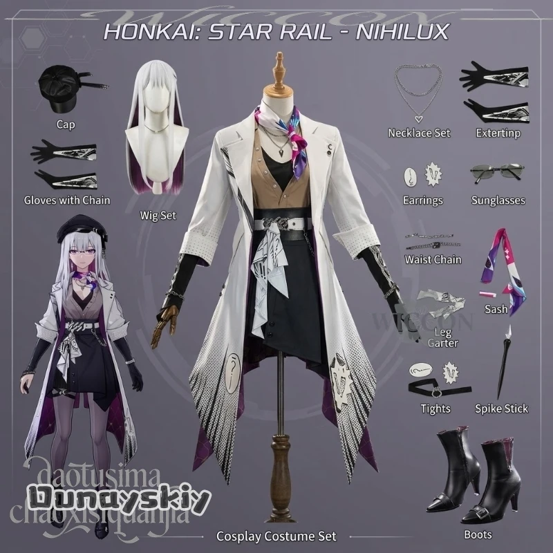 

anime game Honkai：Star Rail cosplay Nihilux costume fashion long white coat manga styles suit sexy dress Y2K punk wigs shoes cos