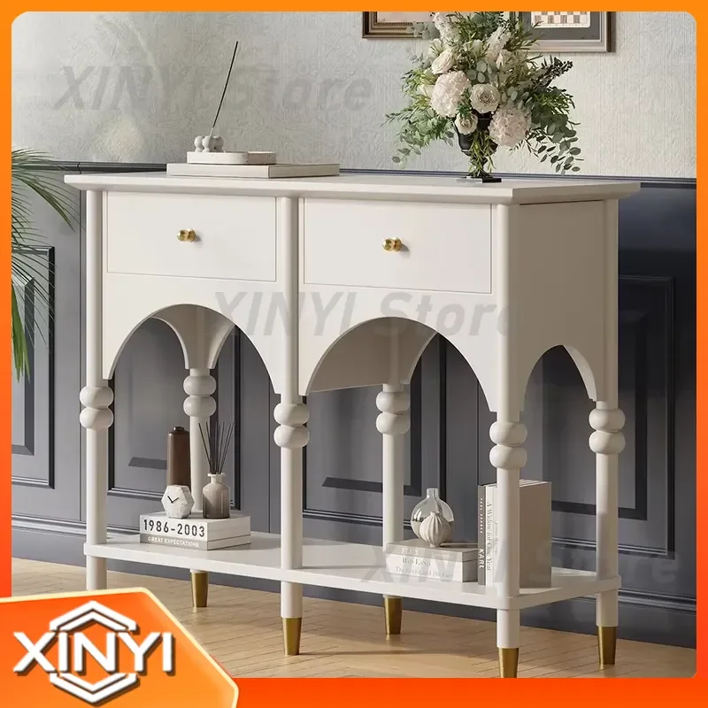 Modern Pastoral Porch Table for 39.4 Inch Wooden White Entry Table with 2 Drawers and Open Shelf for Home Decor Living Room
