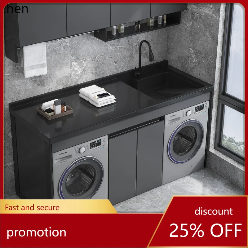 

Modern Balcony Combined Laundry Cabinet Double Washing Machine Cabinet Dryer Sink Laundry Basin