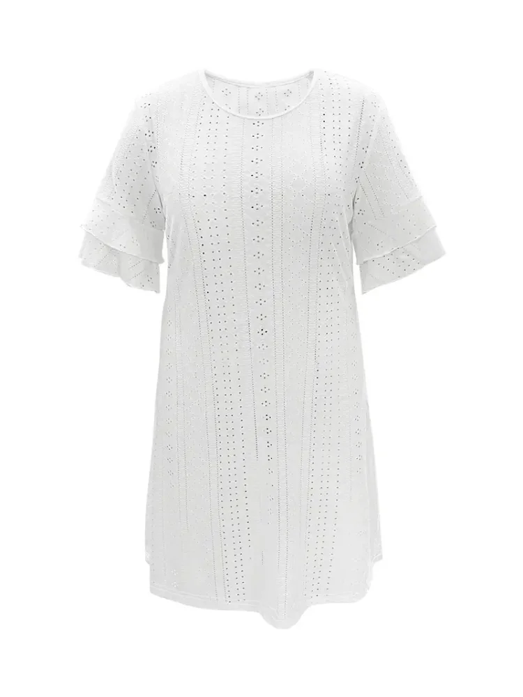 Plus Size Eyelet Solid Loose Dress Casual Layered Ruffle Cuff Short Sleeve Dress For Spring & Summer Odzież damska Plus Size