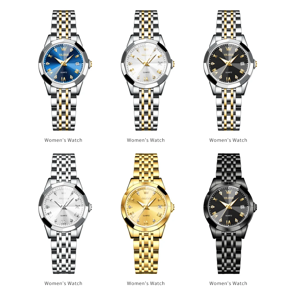 OLEVS Original Watch for Women Stainless Steel Waterproof Date Quartz Watches Diamond Dial Elegant Ladies Wristwatch Reloj Mujer