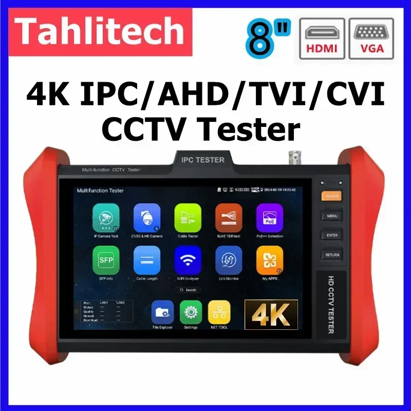 

8" 4K CCTV IPC Tester Monitor POE++ 90W SFP 4K IP Camera 8MP AHD/TVI/CVI CCTV Camera Tester HDMI & VGA input