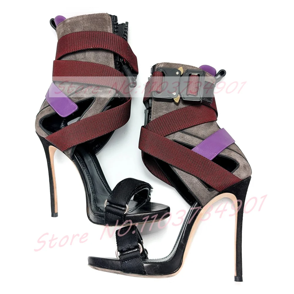

Women's Multi Color Ankle Strap Sandals Cutout Open Toe Front Zipper High Heels Sandals Female Retro Party Runway Streetwear