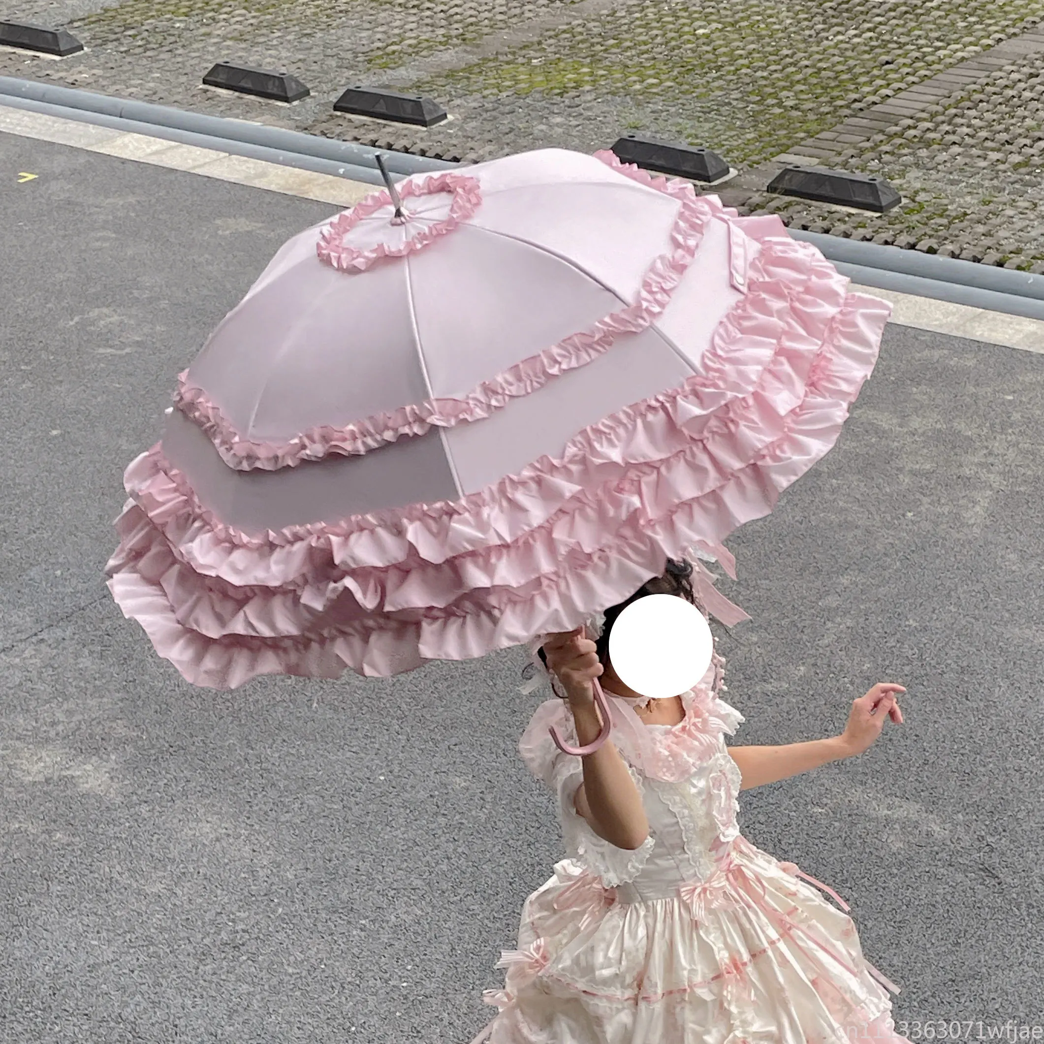 Lolita Sweet Ruffle Fringe Parasol, 8 Ribs Long Handle Straight Umbrella, Rain & Sun Dual Use