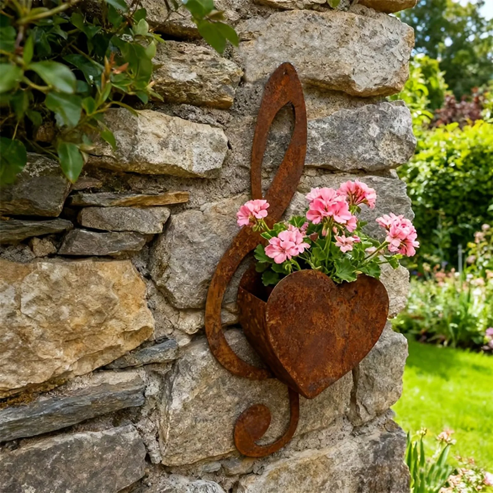 Musical Note Shaped Hanging Planter Creative Metal Rusty Wall Art Flower Pot for Patio Lawn Yard Decor