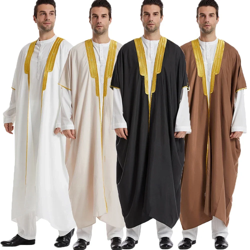 Muslim Men Jubba Thobe Short Sleeve Solid Color Embroidery Traditional Islam Clothing Saudi Arabia Kaftan Abaya Eid Ramadan Robe