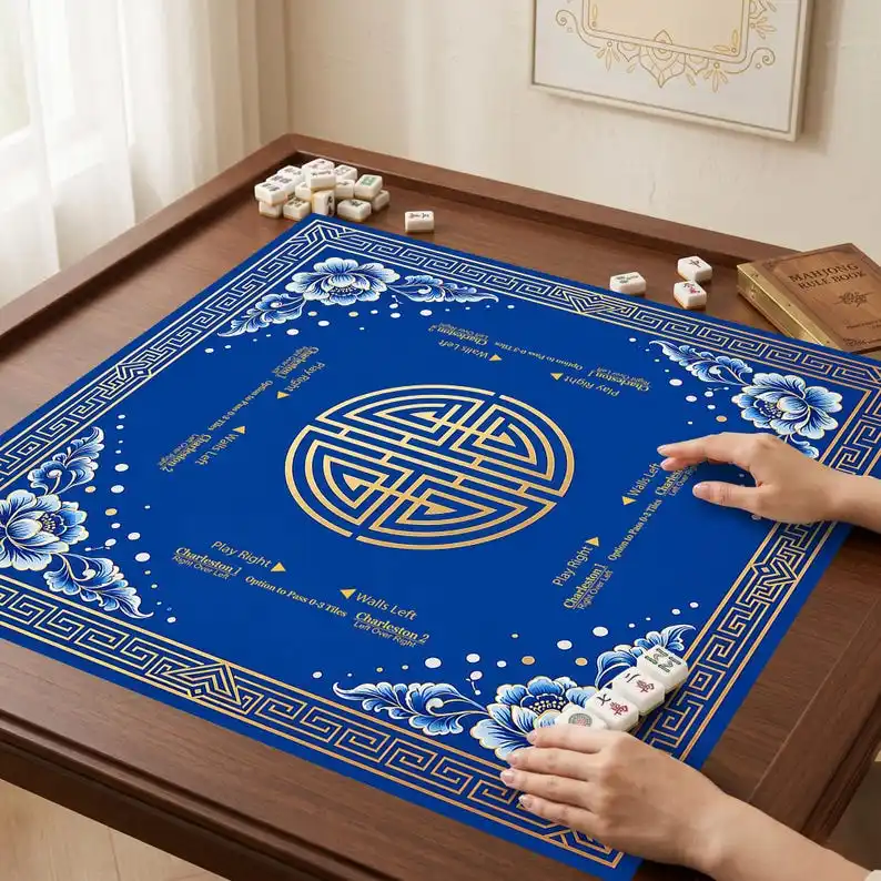 VIKAMA Blue Golden Chinese Knot Mahjong Mat Non Slip Shock Absorb Soft Square Pad Washable For American Mahjong Table Play