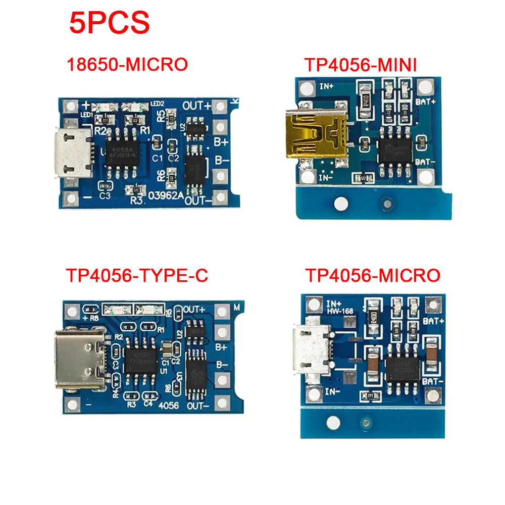 5pcs 5V 1A Micro/Type-c/Mini 18650 TP4056 Li-ion Battery Charging Board Module Charging Board with Protection Dual Function BMS