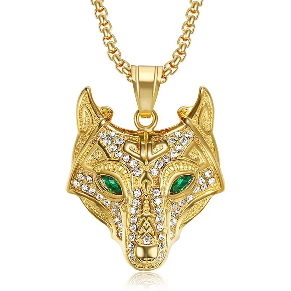 

Men Stainless Steel Viking Wolf Head Pendant Necklace With Chain Iced Out Gold Color Animal Norse Talisman Ethnic Jewelry