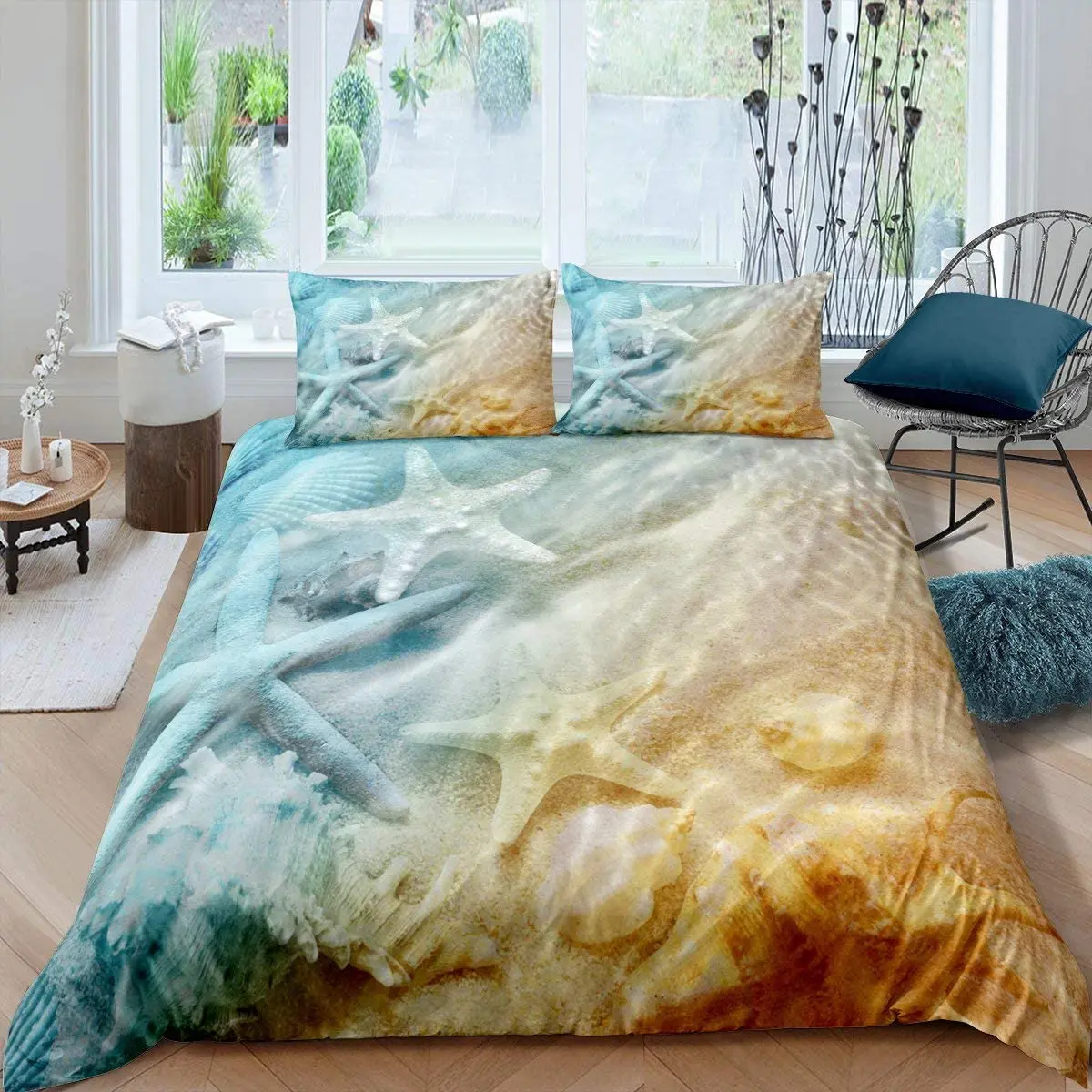 Starfish Duvet Cover Set Summer Beach Seashell Starfish Twin Bedding Set Polyester Hawaiian Tropical Nature Sea King Quilt Cover