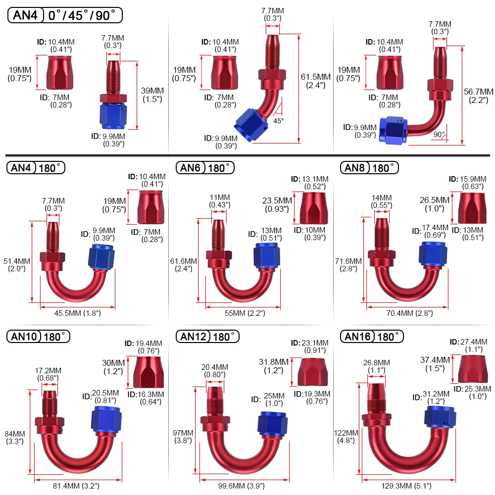 AN6 AN8 AN10 AN12 AN16 Straight 0 45 90 180 Degree Oil Fuel Swivel Hose End Fitting Oil Hose End Adaptor Kit Red and Blue