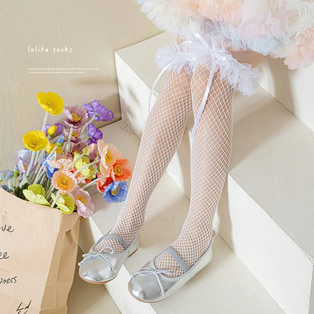 

New Hollow Out Leg Covers Lolita Mesh Pile Sock Ballet Style Bow Lace Compression Socks Stage Performance