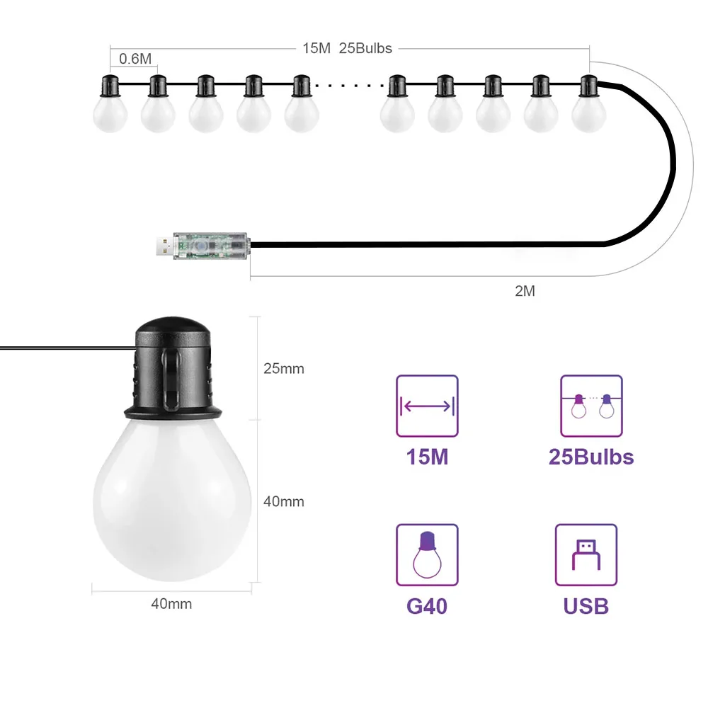 Открытый двор G40 Light String 40M 200LEDs Лампа USB Fairy Light Подходит для Рождества Открытый сад Украшение для кемпинга Lig