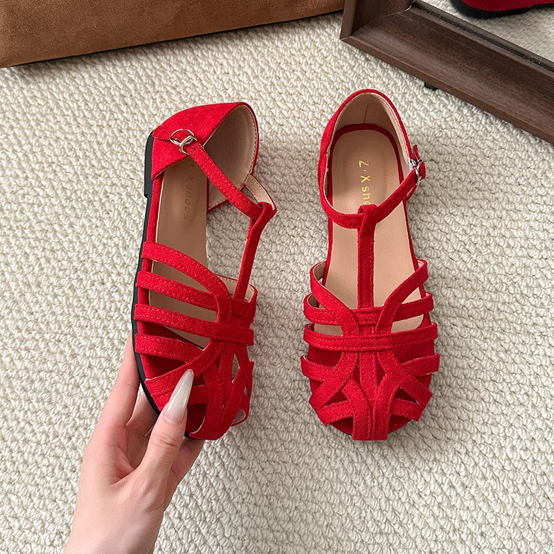 

Женские римские сандалии в стиле ретро, новинка лета 2025 года, тканые одинарные туфли с круглым носком и юбками