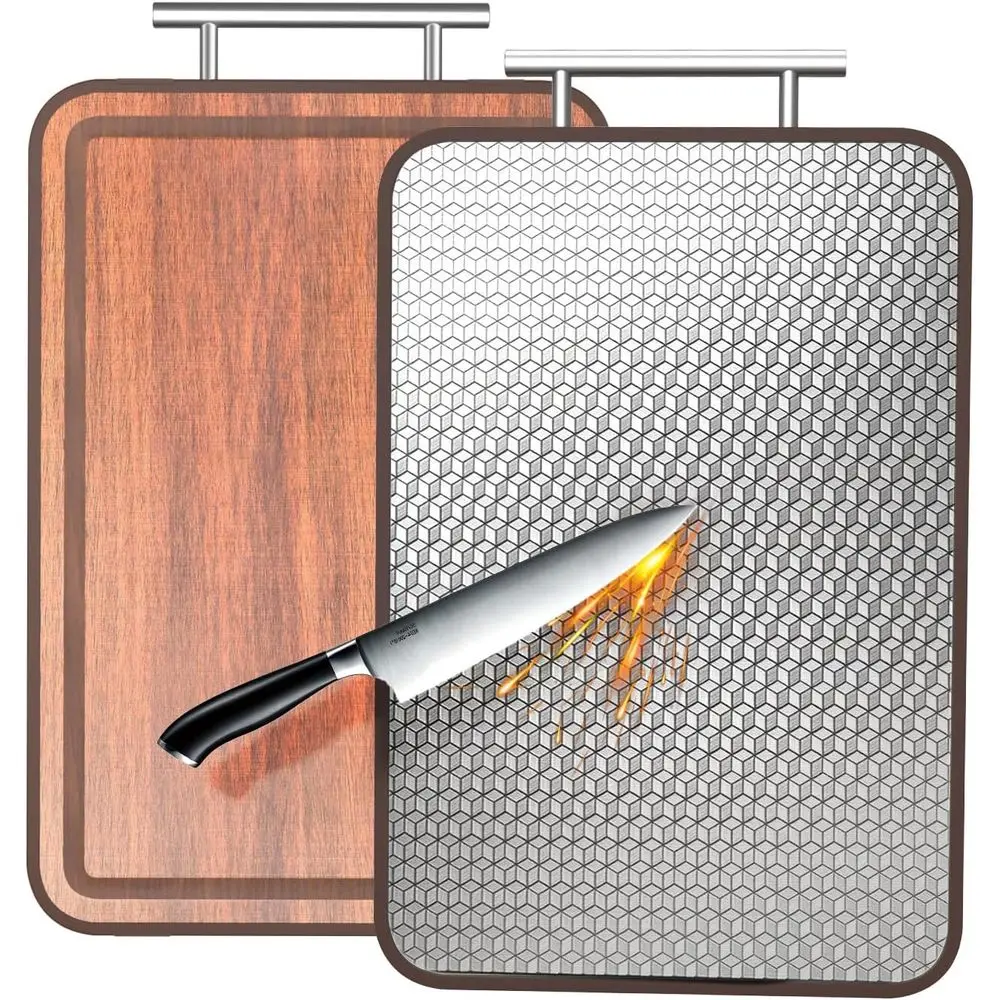

Double-Sided Stainless Steel and Wood Chopping Board, 17.7 x 11.6 x 1, Scratch-Resistant with Handle for Meat, Vegetables, and F