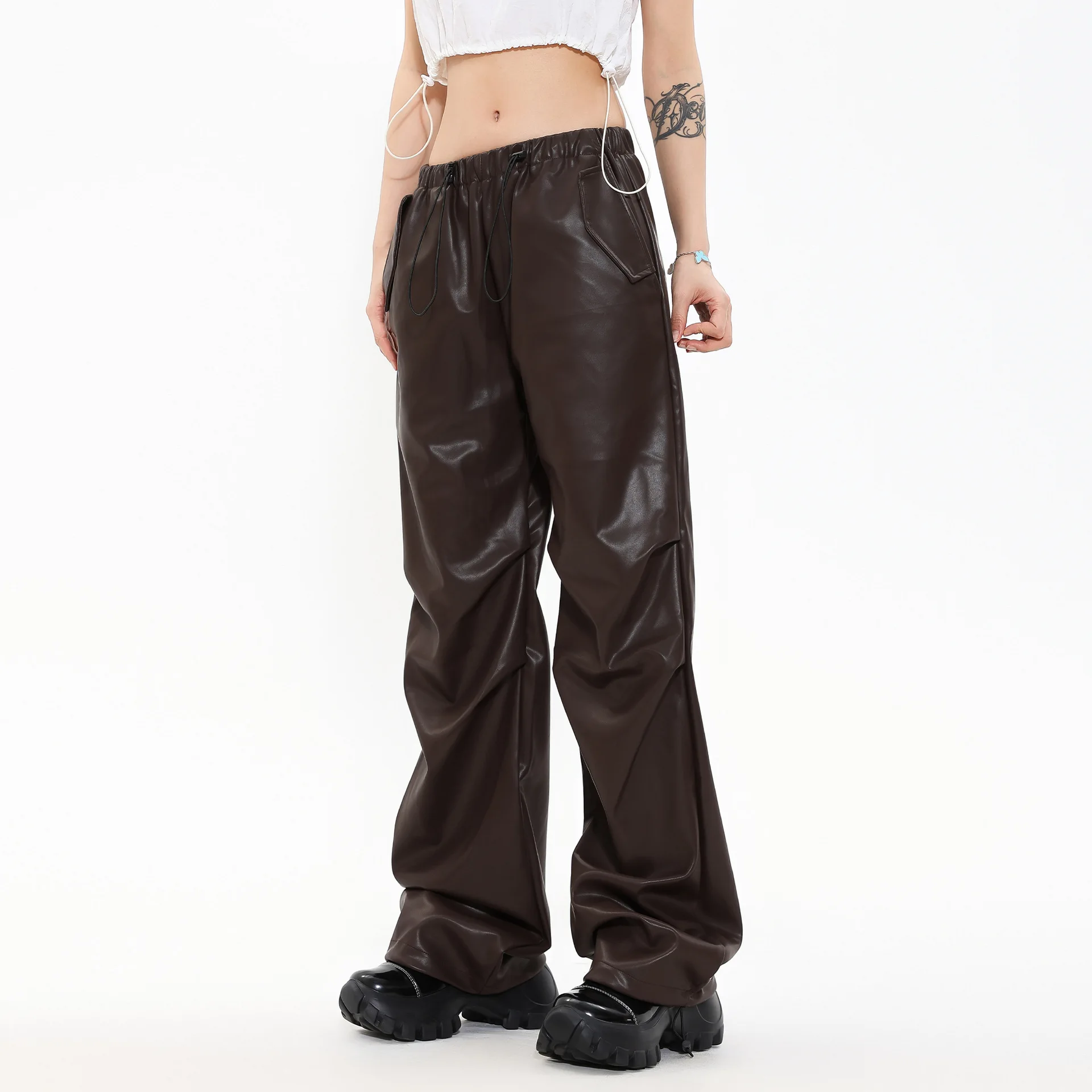 OR FL Women's American High Street Trendy Brand PU Skin Pants Wide Leg Baggy Design Sense Retro Functional Pants Trousers