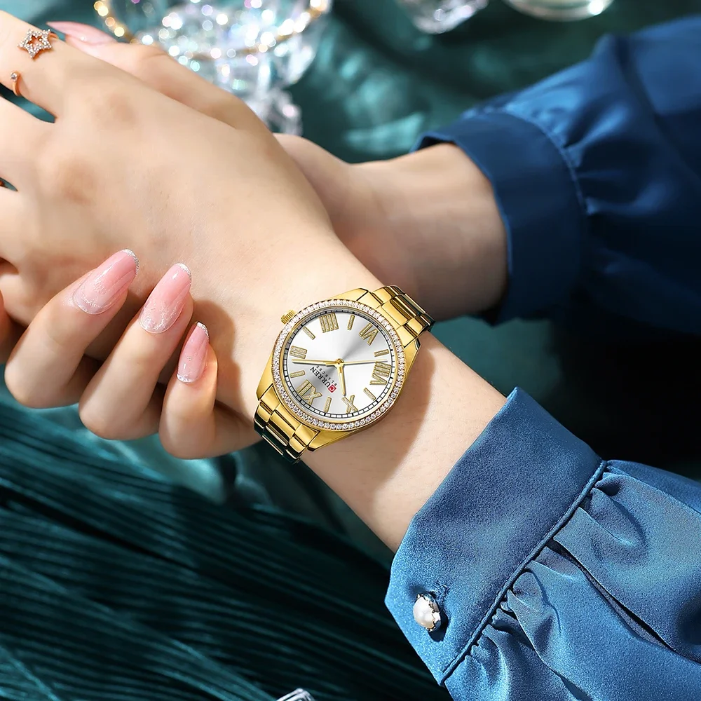 CURREN Luxury Quartz Ladies Bracelet Watch Silver Charming Rhinestone Dial Stainless Steel Strap Luminous Hands relogio feminino