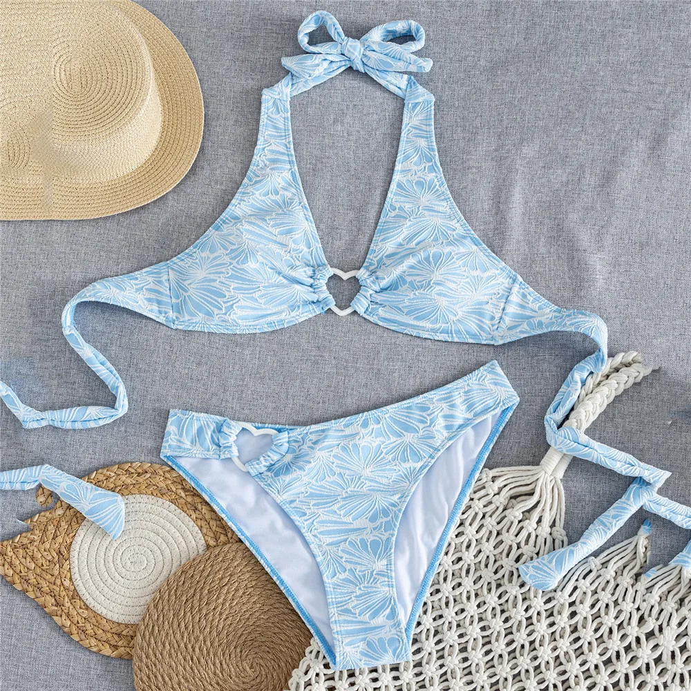 Light Blue Emboss Swimwear Sexy Halter Bikini Hollow Out Swimsuit Women 2026 Heart Ring Bathing Suit Brazilian Bikinis De Mujer