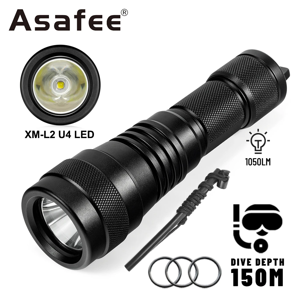 Asafee 150M Deep Diving L2 LED Flashlight 1 Mode 1050LM Rotary Switch 260M Range Scuba Dive Light IPX8 Waterproof Torch