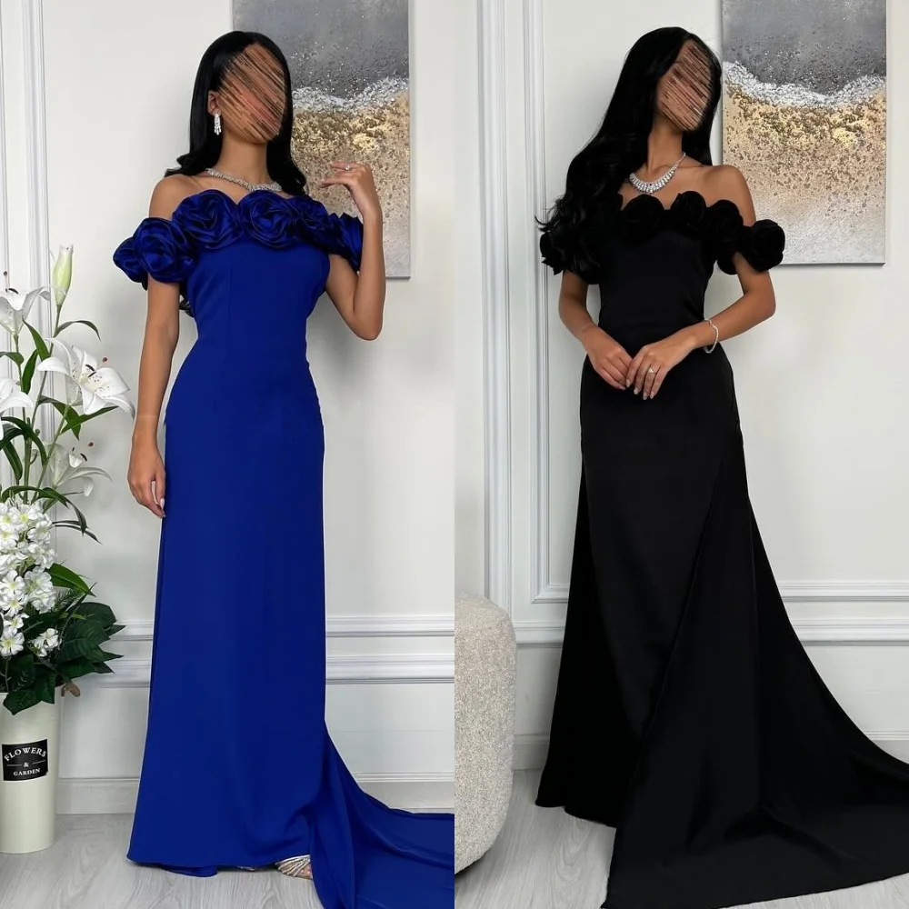 

Customized Matching Exquisite Jersey Handmade Flower Pleat Ruched Straight Off-the-shoulder Long Dresses Bespoke Occasion Dresse