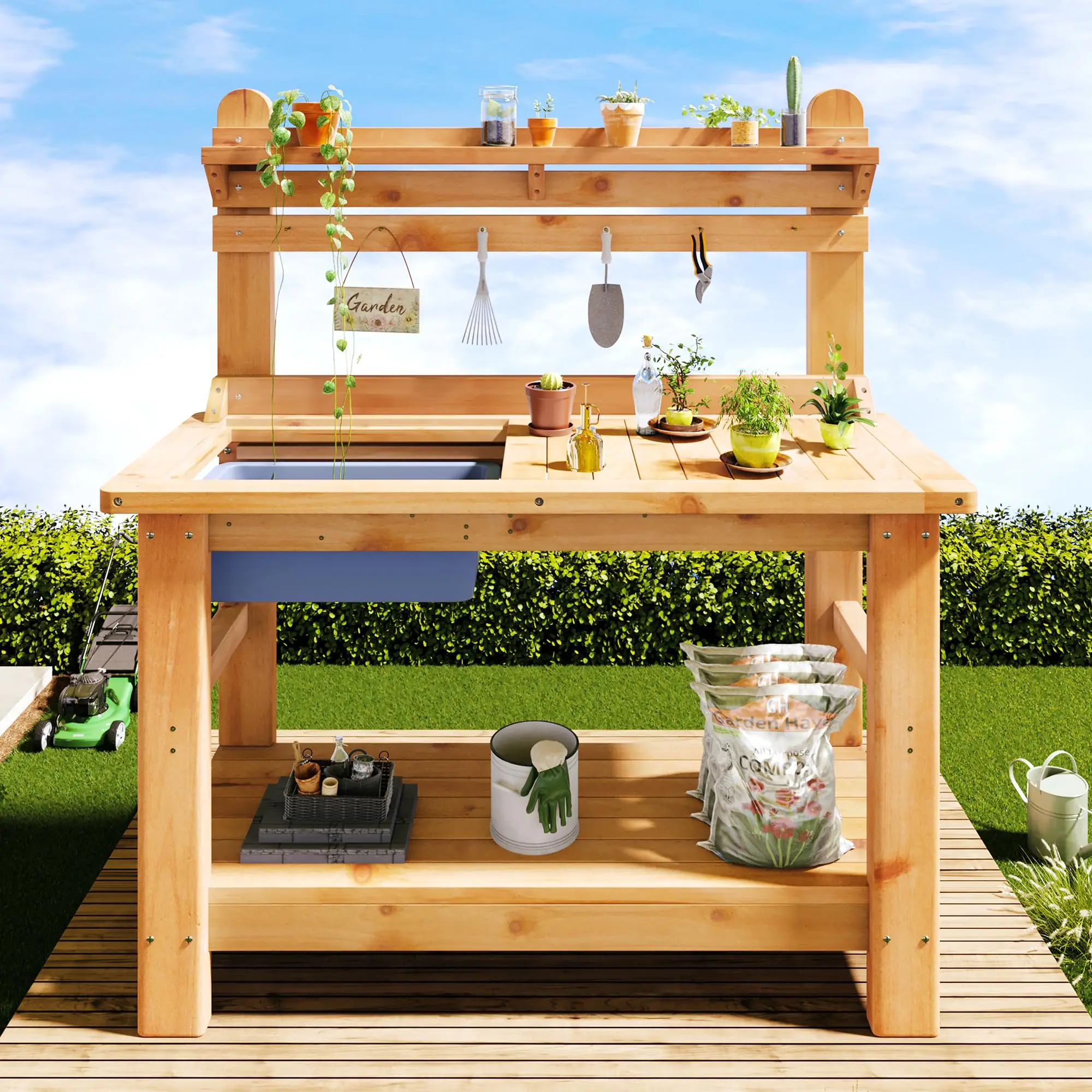 Outdoor Solid Wood Potting Bench with Large Tabletop, Sink&Shelf
