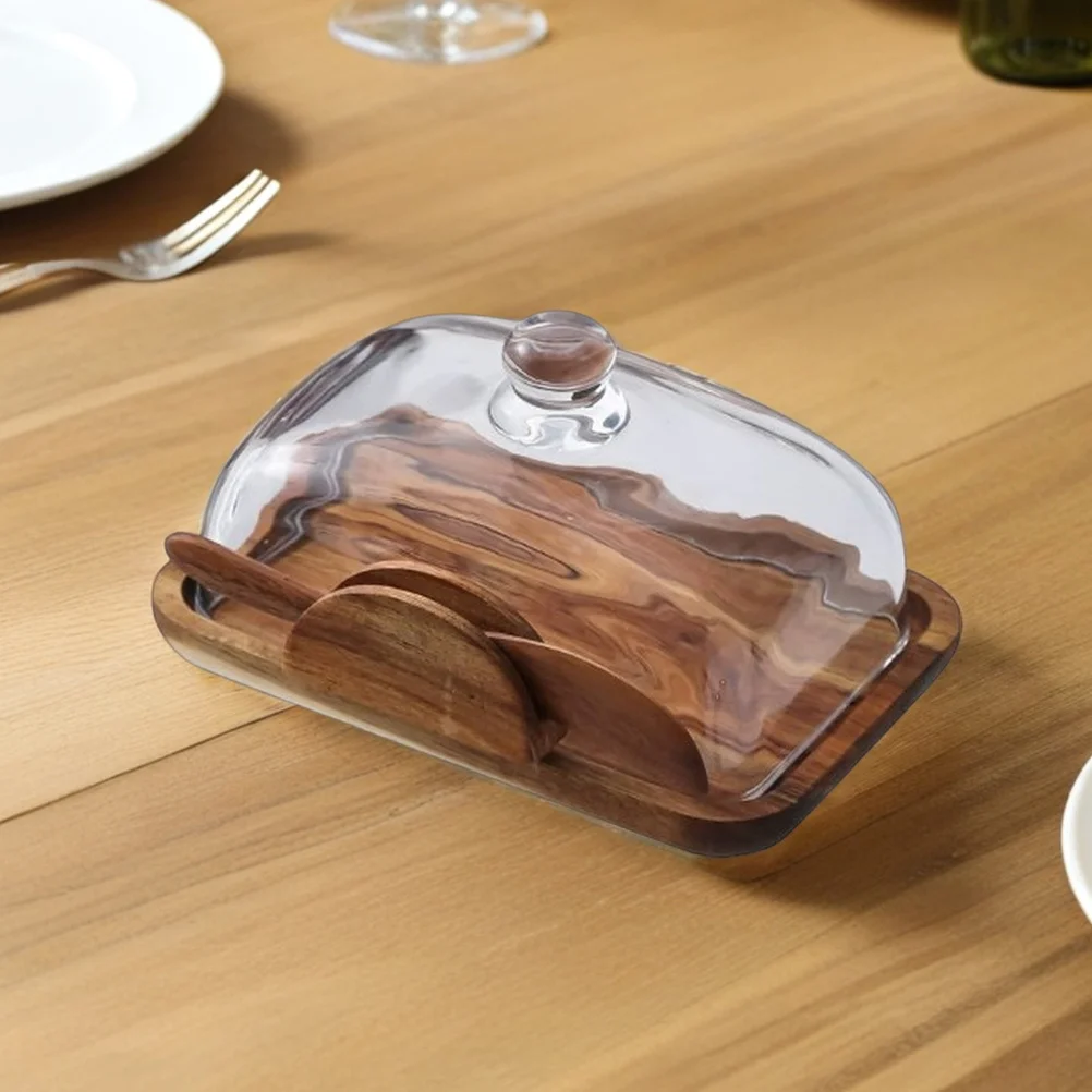 

Wooden Butter Box Glass Dust Cover Cheese Storage Container for Kitchen Countertop Snack Dessert Keeper Small Bread Box