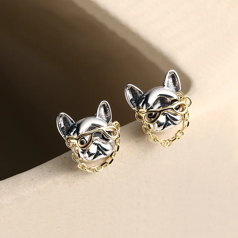 2023 New Arrival Sweet Glasses Bulldog Animal 925 Silver Needle Ladies Stud Earrings Jewelry For Women Anti Allergy