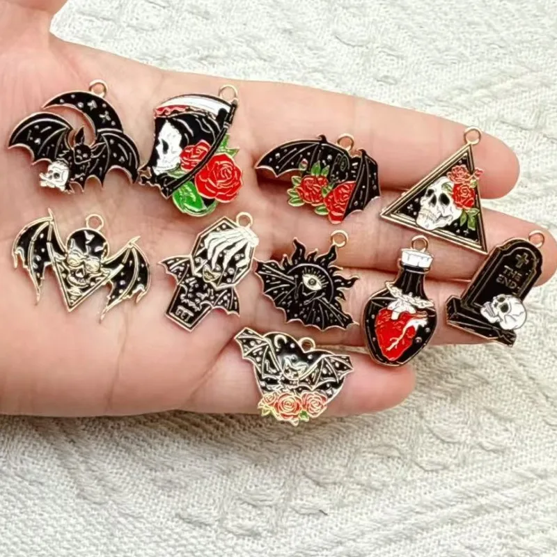 10pcs Enamel Cartoon Haunted Halloween bat Ghost Charm DIY Jewelry Making Fashion Earring Necklace Bracelet Pendants Accessorie
