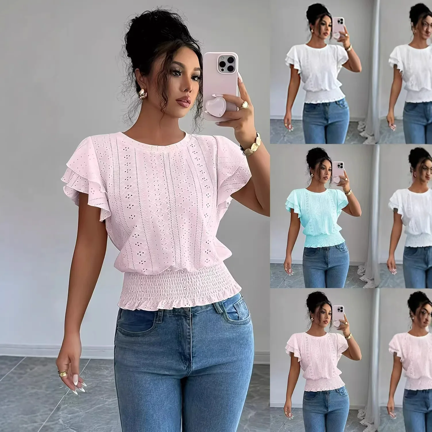 Summer Hollow Lace T Shirt Top Tee Blouse Women Solid Casual Tops Tees