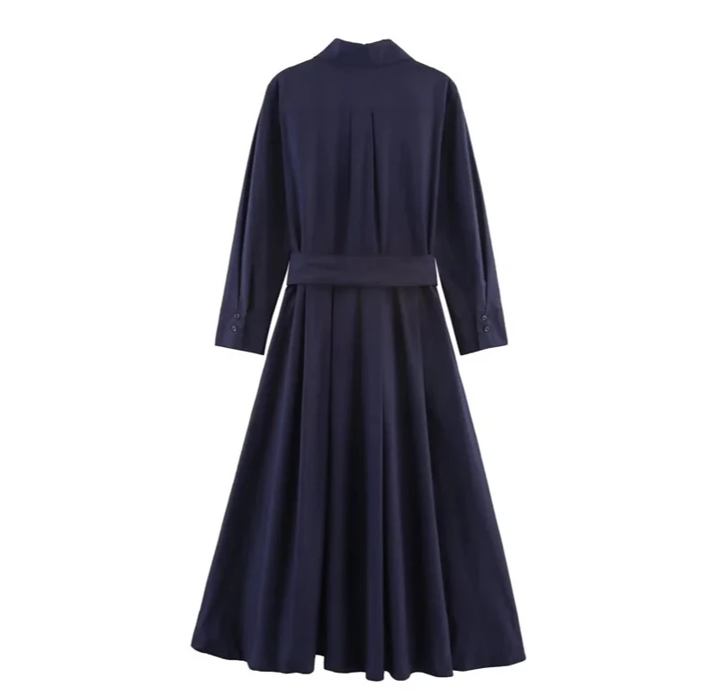 فستان نسائي خريفي جديد بلون سادة وأكمام طويلة نمط قميص على شكل حرف A وحزام فستان مزين بشخصية عصرية غير رسمية #5