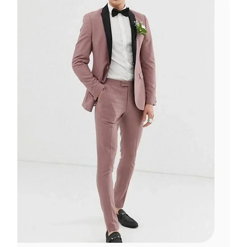 2024 Dusty Pink Black Shawl Lapel Men Suits Prom Terno Masculino Groom Costume Homme Blazer Wedding 2 Pieces