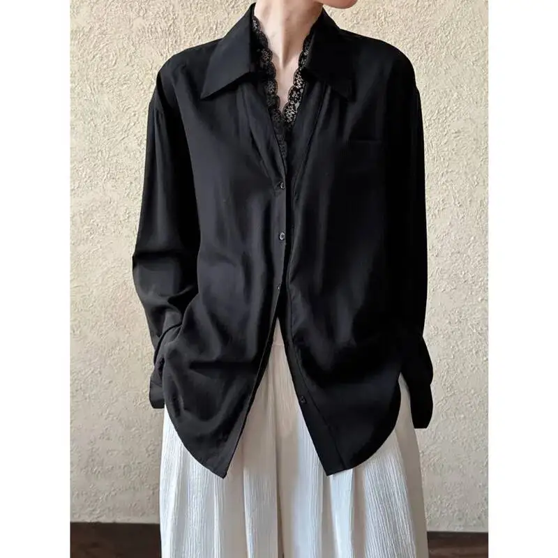 

Women Polo Collar Lace Patchwork Shirts Spring Summer Single Breasted Loose Pocket Casual Blouses
