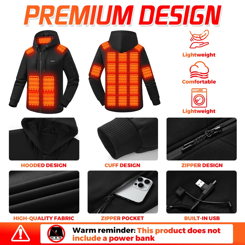 26-Zonen-Heizjacke, USB-elektrisch beheizter Hoodie, 3 Temperaturstufen, Winter-Wärmejacke, Outdoor-Ski- und Wanderbekleidung, Unisex – Detail 5