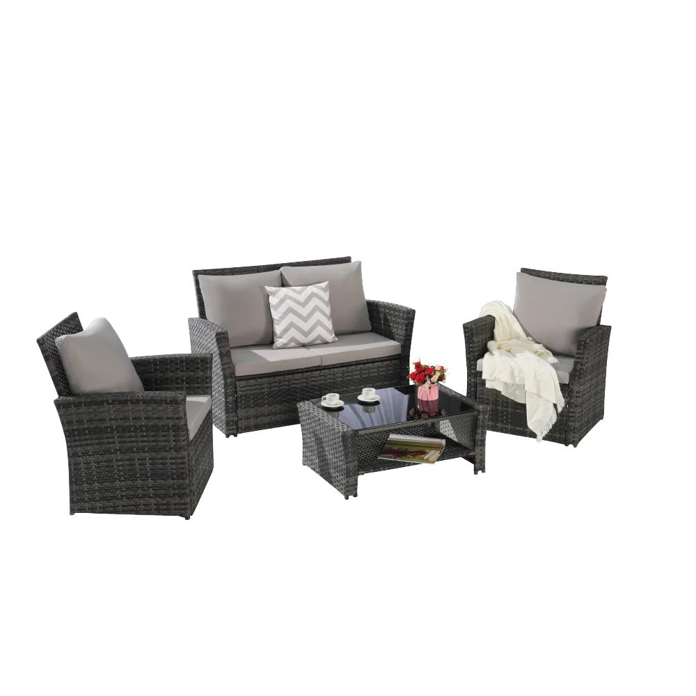 4-х предметные наборы мебели для патио, садовый плетеный набор стульев из ротанга, стулья для газона біля бассейна с журнальным столиком из закаленного стекла