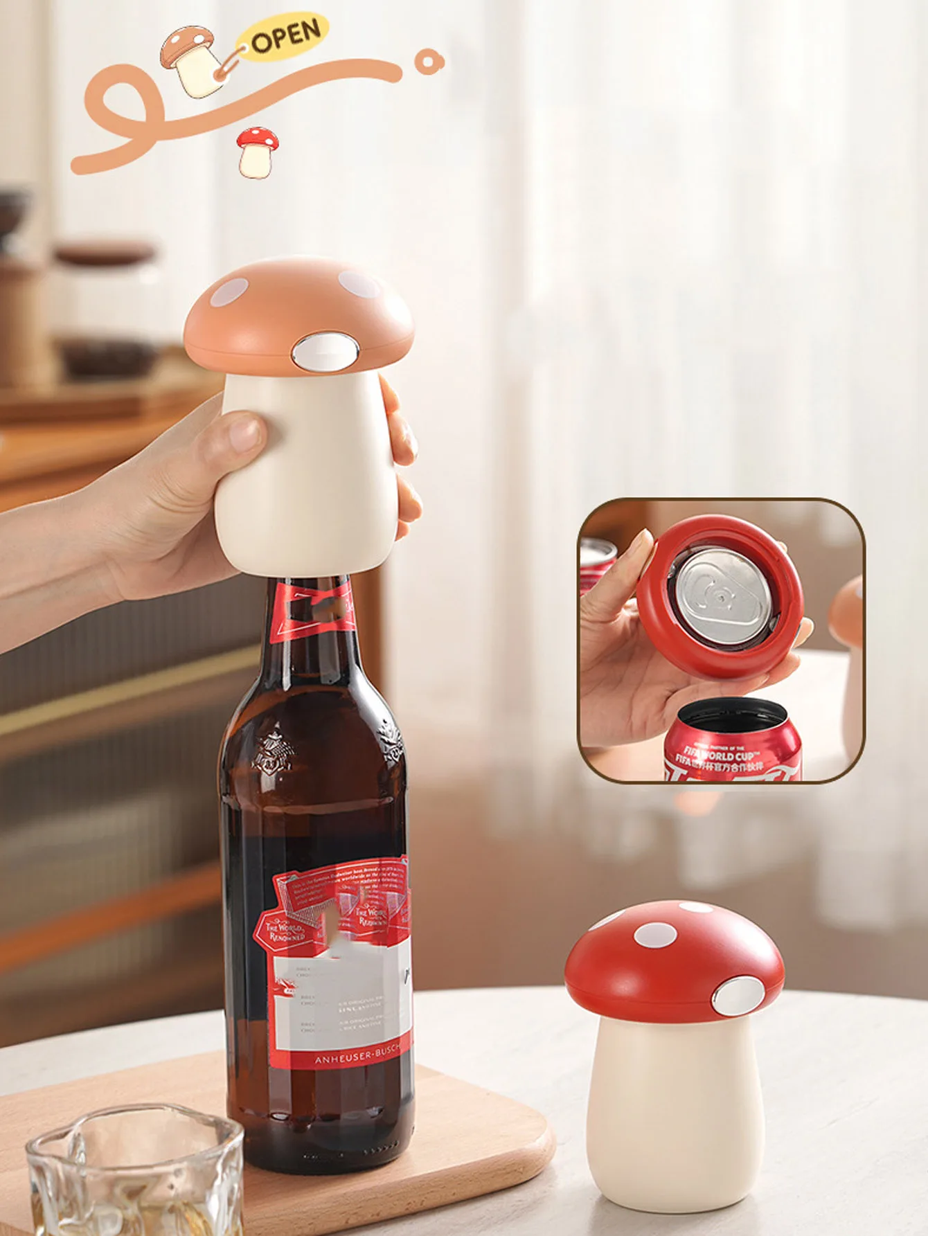 2 in 1 Can Opener Cute Mushroom Automatic Beer Kitchen Press Lid Beer Corkscrew Tools Portable Kitchen Accessories Bar Gadgets