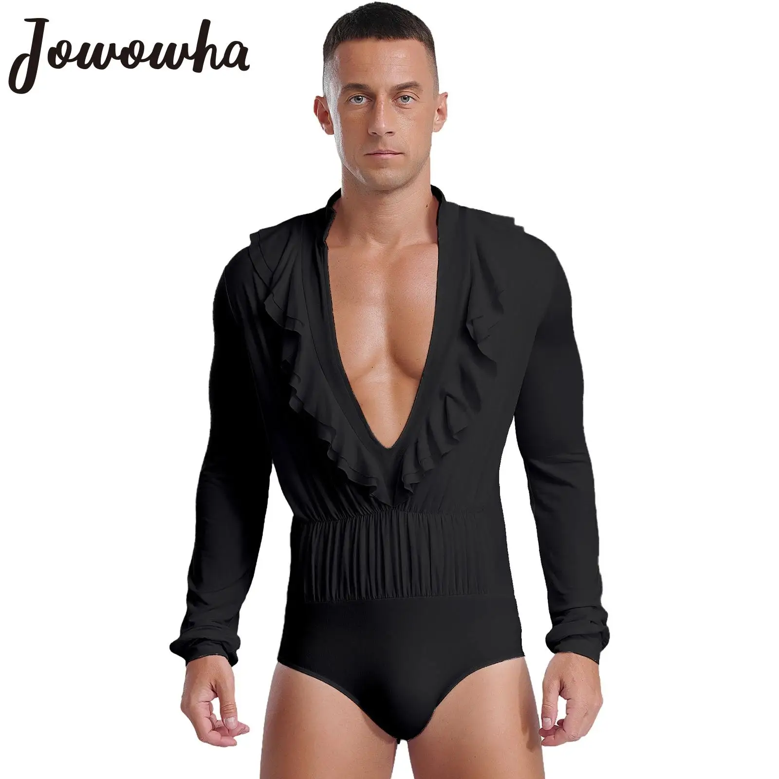 Mens Ruffles Deep V-neck Long Sleeve Bodysuit Jumpsuit Latin Cha-Cha Tango Rumba Dance Stage Performance Competition Costume