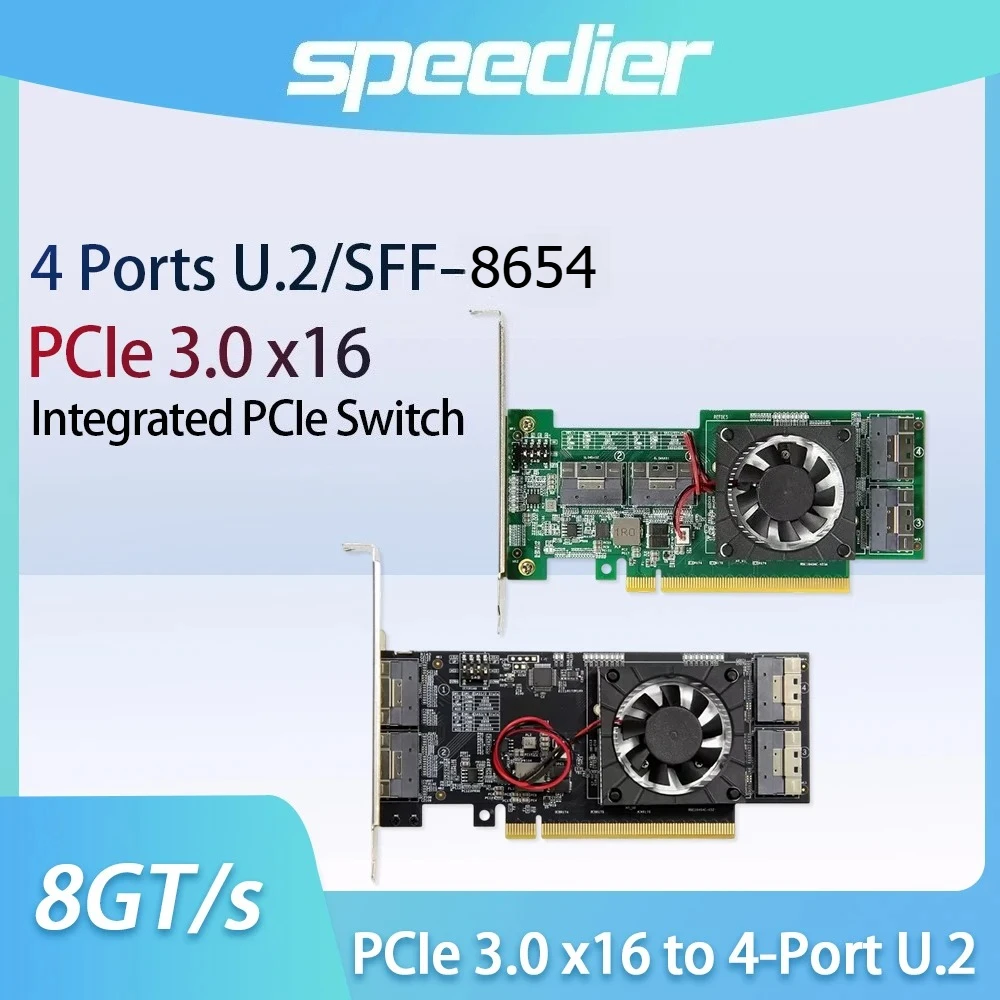 PCIe 3.0 X16 To 4 Ports U.2 SFF-8654 NVMe SSD Expansion Card +Bracket No-Split Motherboard for U.2 M.2 NVMe SSD GPU Network Card