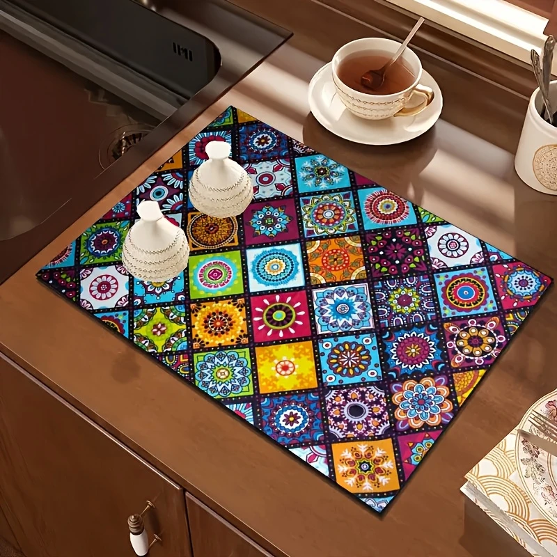 Boho Ethnic Mandala Tile Patchwork Kitchen Drain Mat,Coffee Bar Dining Counter Tabletop,Non Slip,Quick Dry,Present