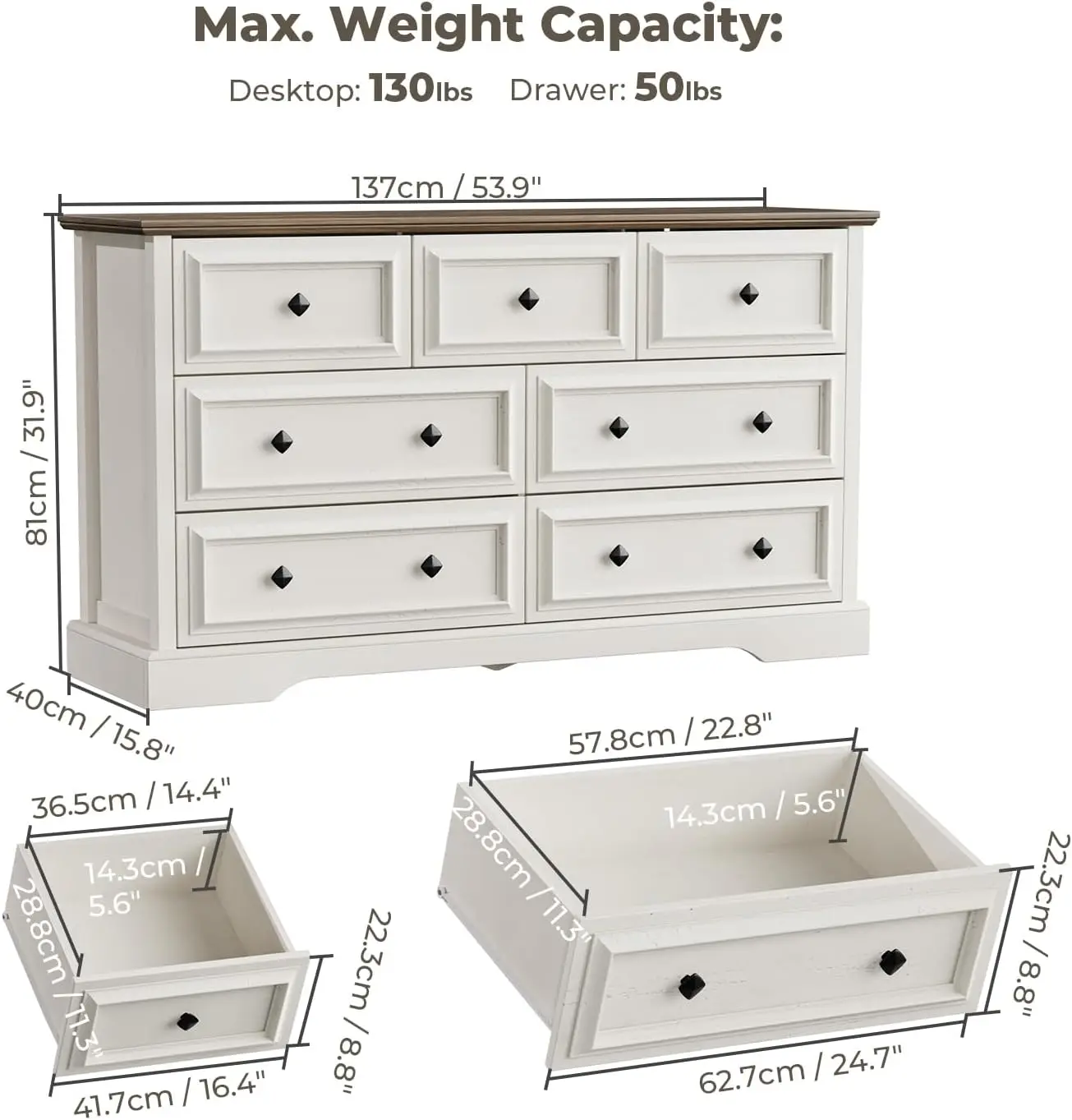 Antique White 7 Drawer Wooden Dresser with Natural Texture and Vintage Knobs for Bedroom, Living Room, Hallway