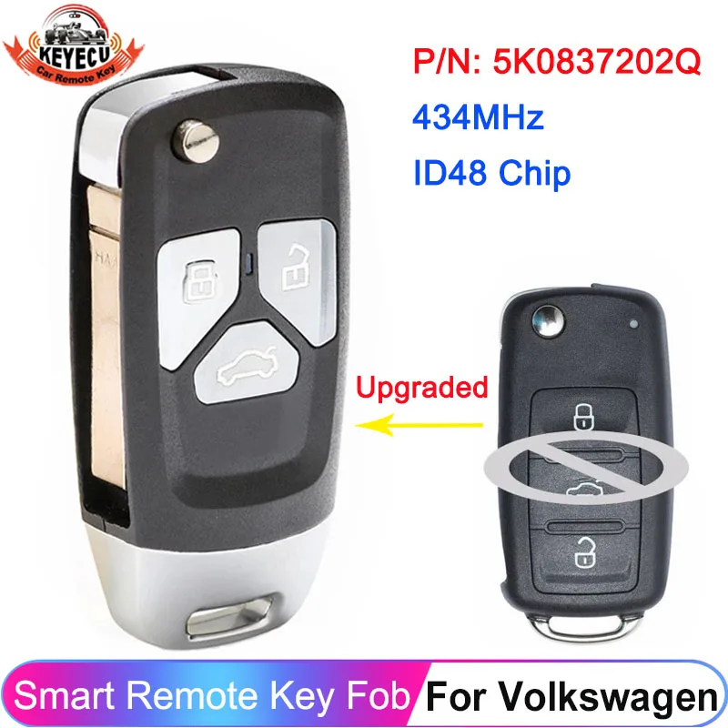 

KEYECU 5K0 837 202 Q 434MHz ID48 Chip Upgraded 3 Button Flip Remote Key Fob For Volkswagen Beetle Caddy Eos Golf Jetta Polo