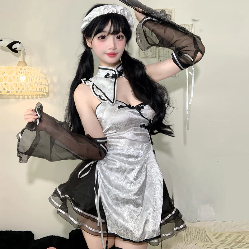 Sexy Cosplay Halloween Witch Costumes Cute Temptation Pure Desire Uniform Role Play Cheongsam Dress Woman Set