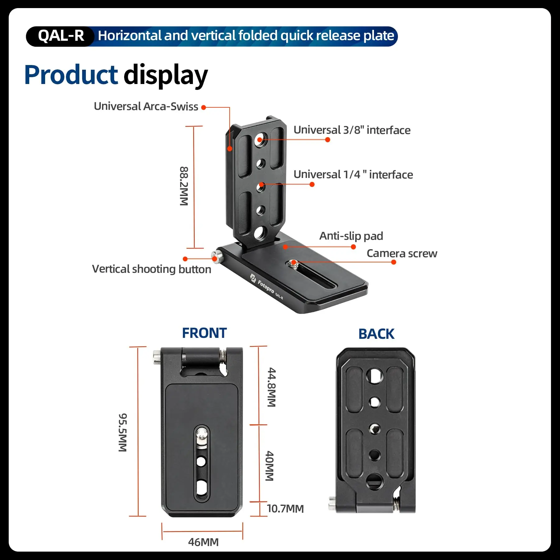 Fotopro DSLR Camera Vertical Horizontal Switching Tripé Dobrável, Placa de liberação rápida para Cabeças Fluidas Estabilizador, L Bracket, QAL-R