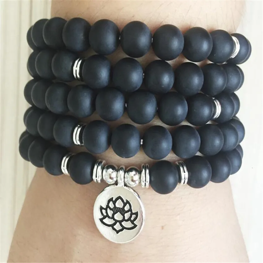 

8mm 108 Beads Frosted Black Agate Lotus Bracelet Necklace Charm Artisan Teens Semiprecious Stones Cuff Beaded Prayer