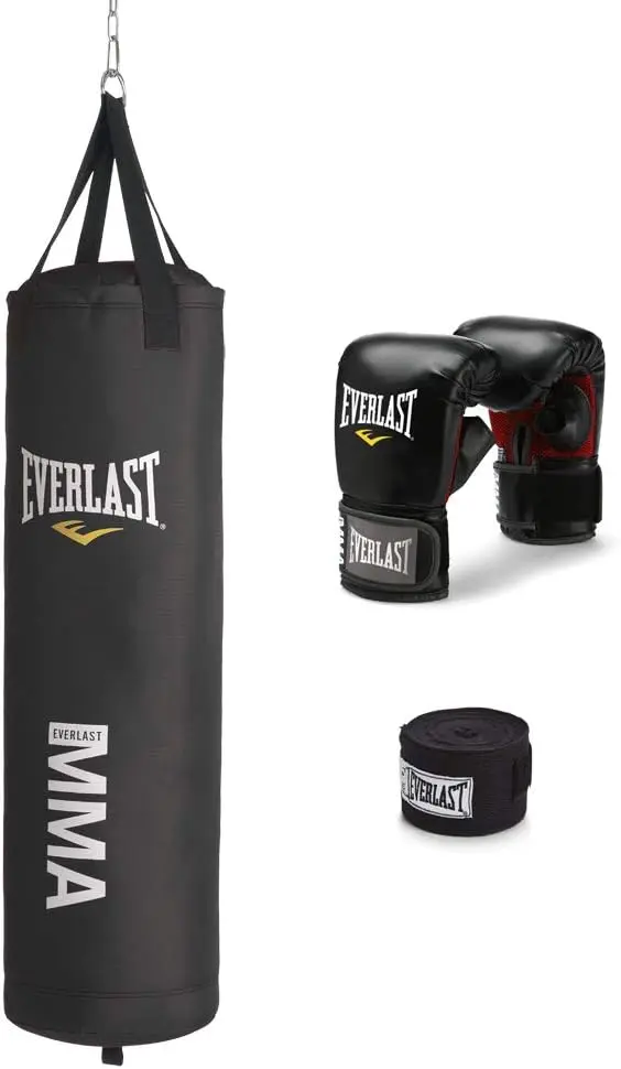 

Leather Heavy 70 Pound Punching Bag with Chain and Swivel Assembly, 5 Ounce MMA Kickboxing Gloves and 180-Inch Boxing Hand